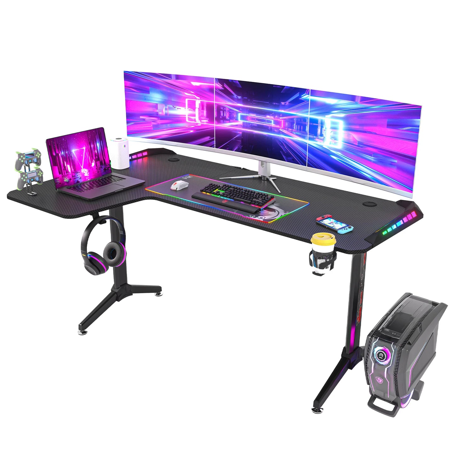 Large Standing Desk L Shaped, 60 Inch Gaming Desk, Rising Sit Stand Up Corner Desk with RGB LED Lights for Computer Home Office