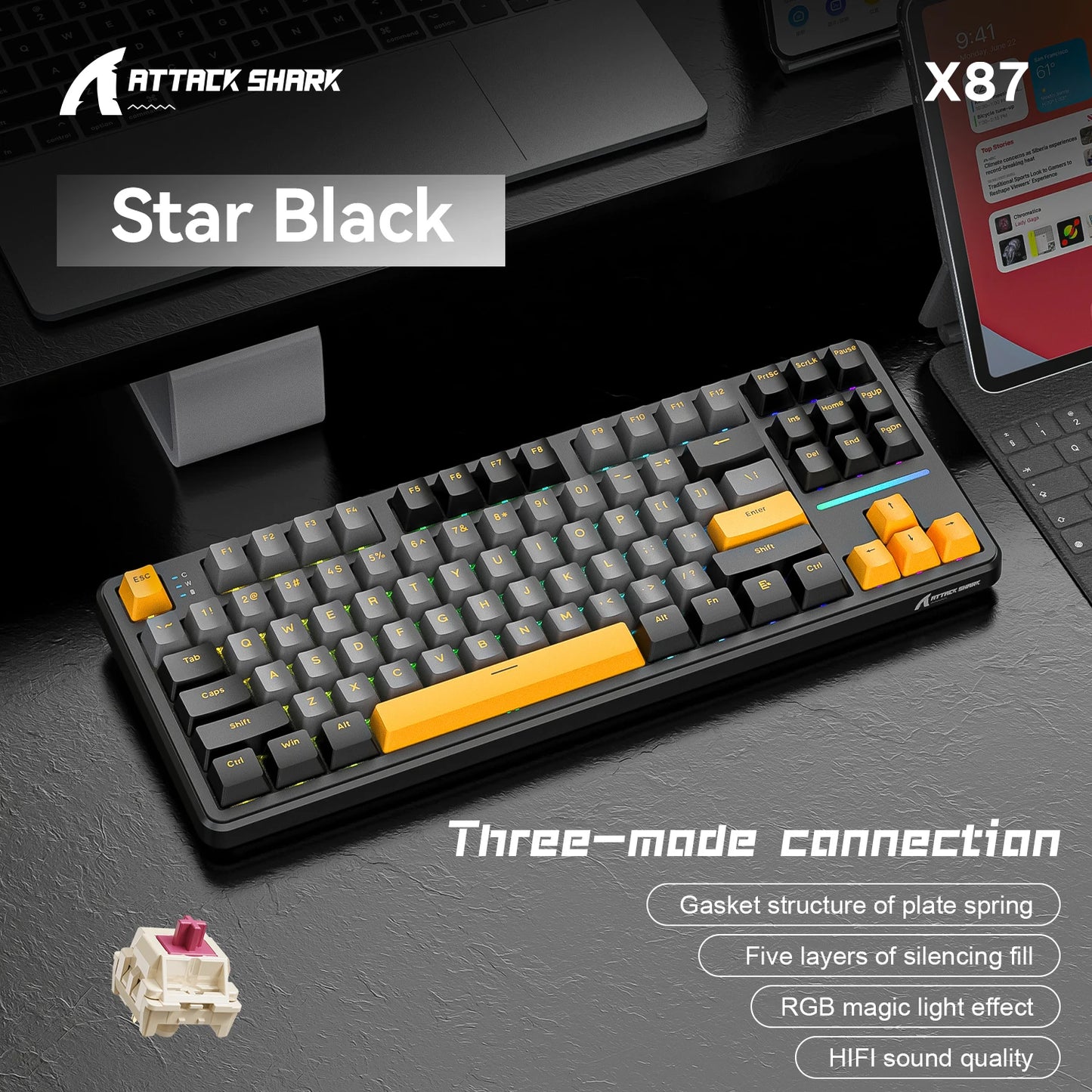 Attack Shark X87 Wireless Mechanical Gaming Keyboard – RGB, Hot-Swappable Strawberry Axis, 87 Keys